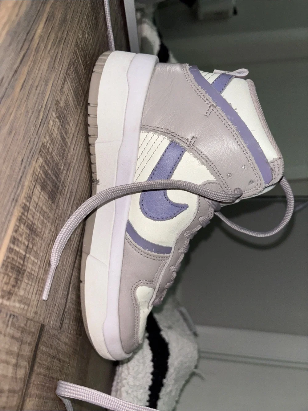 Nike High-Top Sneakers in Light Gray and White with Purple Swoosh